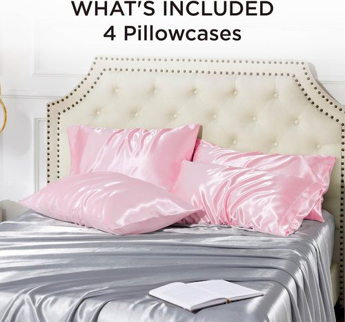 Bedsure King Size Satin Pillowcase Set of 4 - Pink Silky Pillow Cases for Hair & Skin, 20x36 Inches