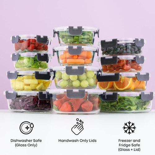 JoyJolt 24pc Borosilicate Glass Storage Containers - Airtight & Freezer Safe | Ideal for Meal Prep & Kitchen Organization