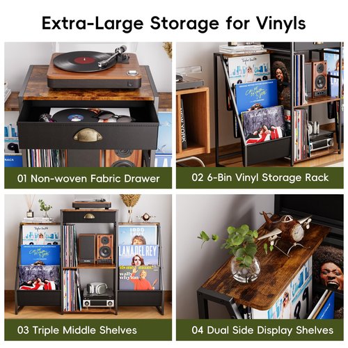 JunVpic Record Player Stand with Vinyl Storage – Record Table with Holder,6-Bin Vinyl Storage Rack & Drawer, Dual Side Display Shelves,Holds 200+ Albums,Turntable Stand for Living Room,Bedroom (Brown)