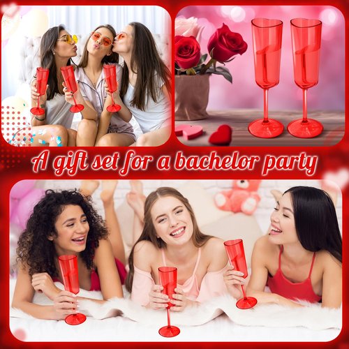 Teenyyou 6 Pcs Valentine's Day Red Champagne Flutes 6 oz Heart Shaped Acrylic Champagne Flutes Valentine's Day Party Wine Cups Red Goblets Glasses for Wedding Anniversary New Year Party Supply