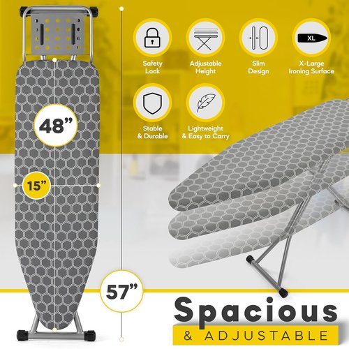 Full Size Ironing Board - 57” L x 15” W | Sturdy & Adjustable with Heat Resistant Cover - Silver Gray