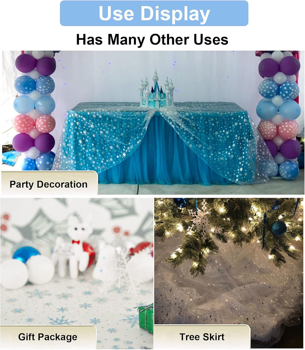 SUJAYU Snowflake Foil Organza Fabric - Sheer Tablecloth for Birthday & Christmas Decor (59" x 118", Blue)