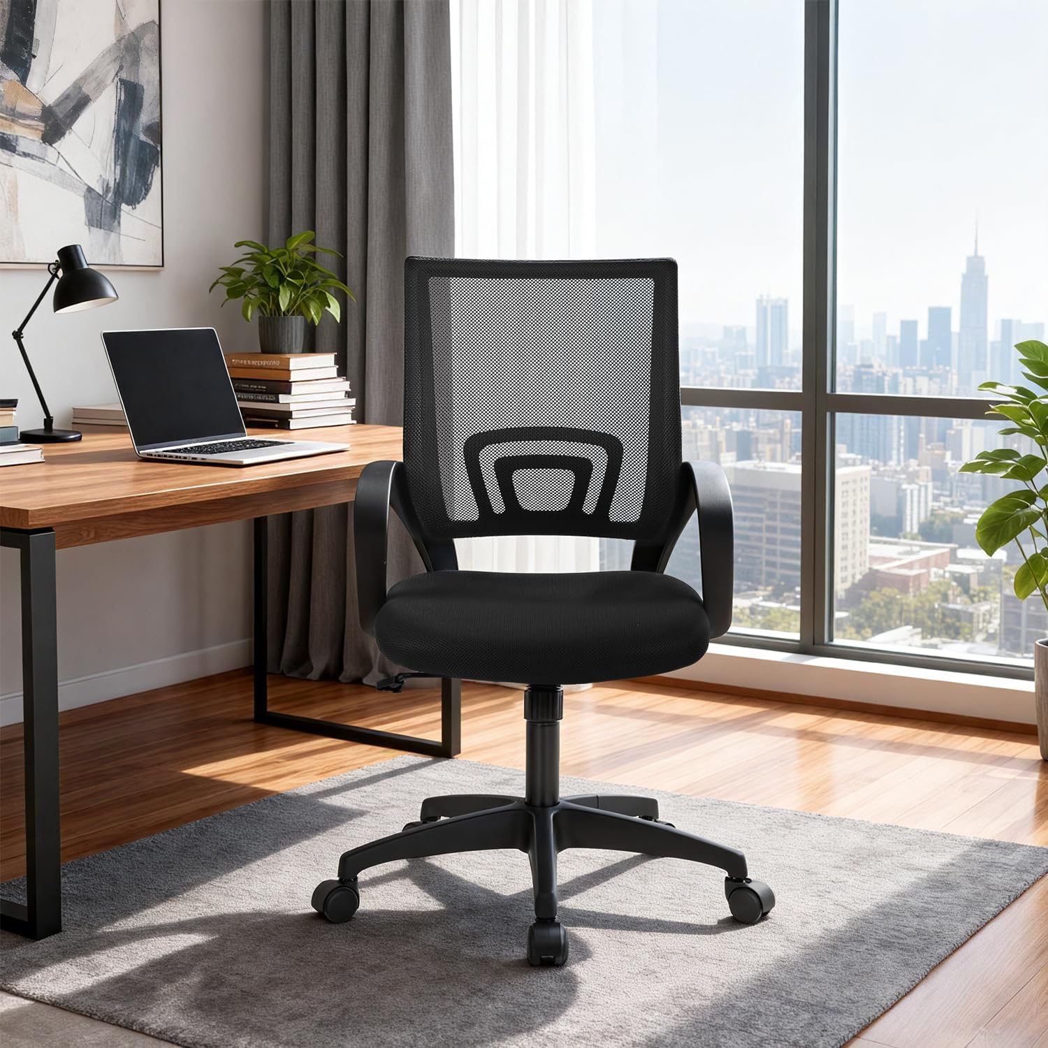 BestOffice Ergonomic Office Chair - Mid-Back Swivel Design with Breathable Backrest & Lumbar Support - Adjustable Height, Sponge Seat, Rolling Wheels - Dark Black for Adults & Women