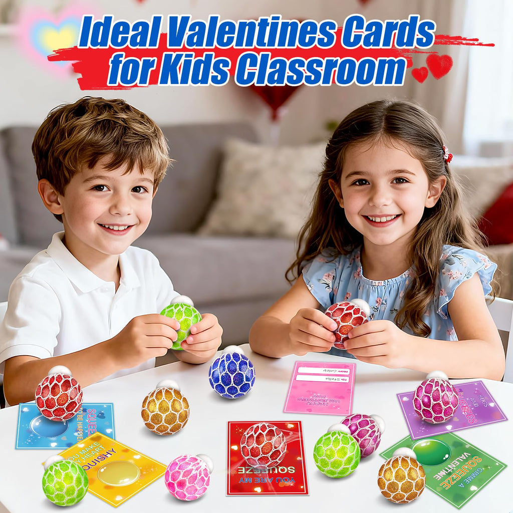 Hbjnnug 24 Pack Valentines Cards for Kids School Classroom, Kids Valentines Day Cards with Squeeze Ball Toys, School Classroom Valentines Day Gifts for Kids Exchange Valentine Party Favors Prize