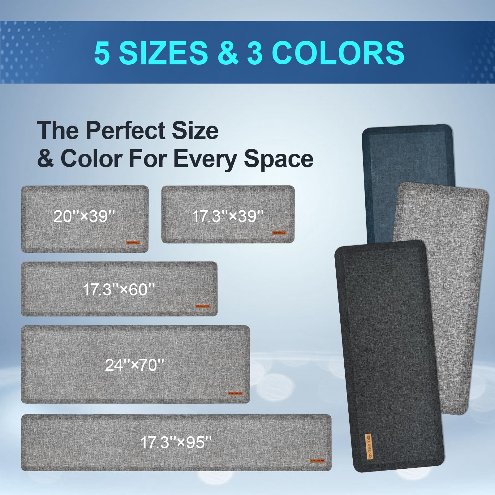 Ergohead Anti Slip 7/8 inchs Anti Fatigue Kitchen Floor Mat, Ergonomic Comfort Standing Mat, Waterproof Kitchen Runner for Home, Kitchen, Office, Laundry, Garage (Light Gray, 17.3" x 60" -0.87")