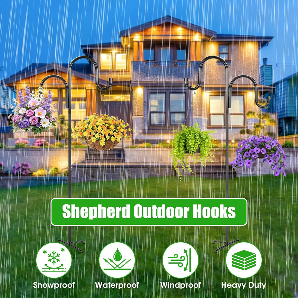 Skiennix 79-Inch Double Shepherds Hooks - Heavy Duty Bird Feeder Pole with 5-Prong Base for Lanterns & Hummingbird Feeders