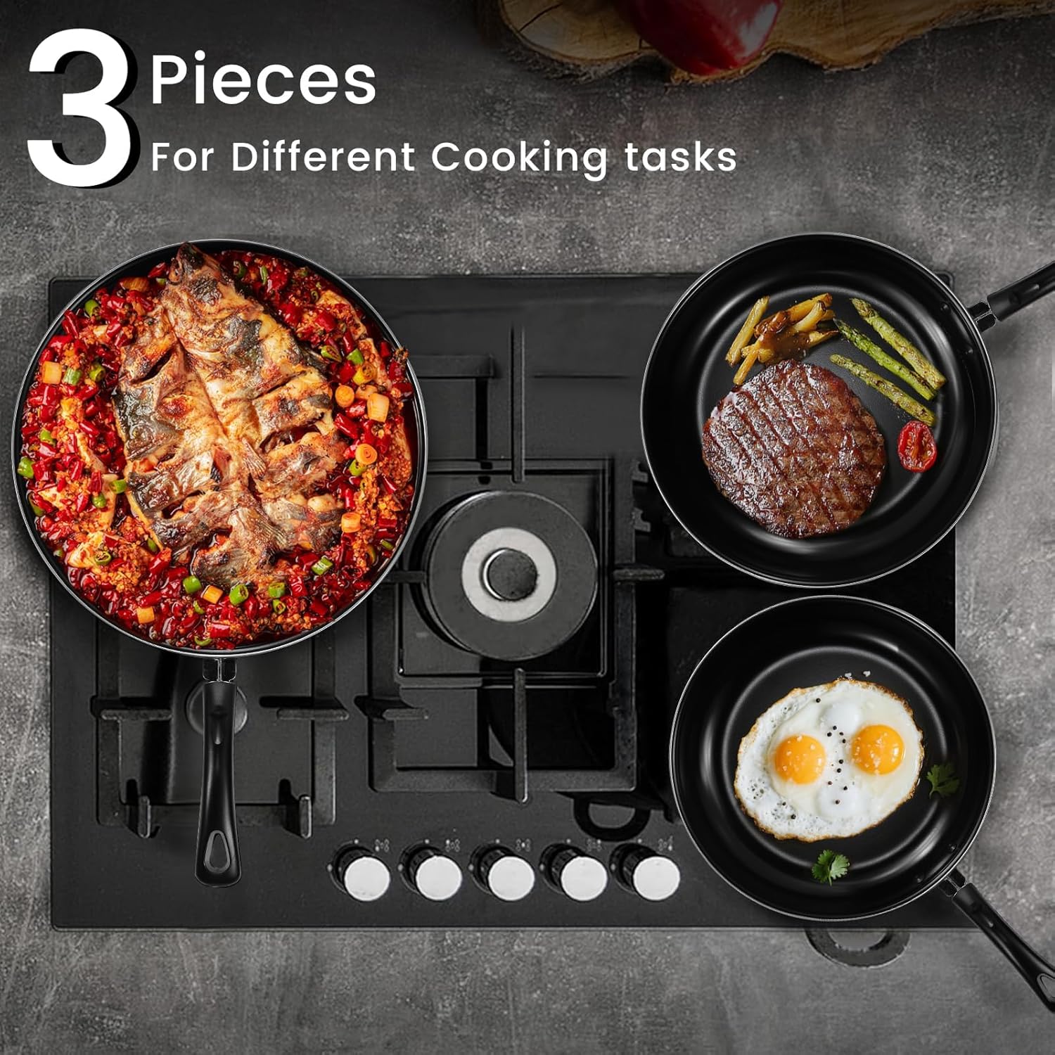 Nonstick Frying Pans Set of 3 by [Brand Name] - Durable Carbon Steel Skillets with PFOA-Free Coating | Includes 2 Spatulas, 7.9, 10.2, 11.8 Inch Sizes