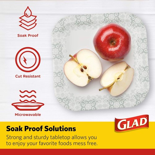 Glad Heavy Duty Paper Plates - Soak Proof & Cut Proof Disposable Plates | 7 Inch, Grey Victorian Pattern, 50 Count