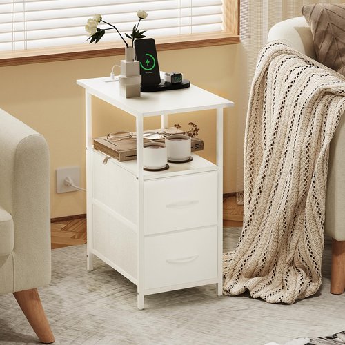 Somdot End Table with Charging Station,Narrow Side Table with 2 Fabric Drawers,Skinny Nightstand with Storage,Small Slim Bedside Table for Living Room,Sofa,Bedroom,Couch,White Leather