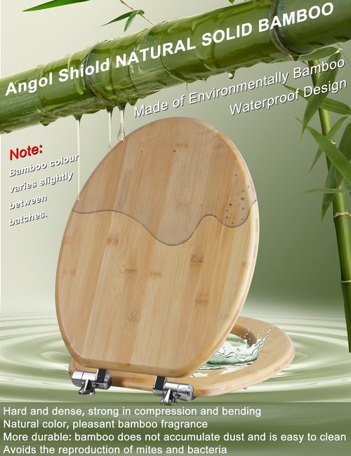 Angol Shiold ELONGATED Bamboo Wood Toilet Seat Soft Close Zinc Alloy Strong Hinges, Light, Easy to Install & Clean, Up to 400 lbs (Elongated 18.5", Natural Bamboo)