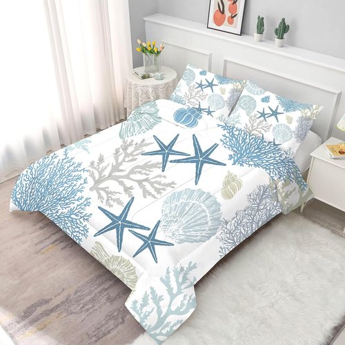 FUYEUN Coastal Comforter Set Twin Size Nautical Bedding for Kids Men Women, Beach Starfish Shell Quilt Bedroom Decor 1 Comforter 1 Pillowcase