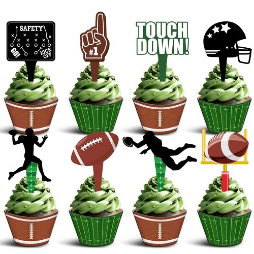 48 Pcs Football Cupcake Toppers and Wrappers Set, Football Theme Birthday Party Decorations Supplies