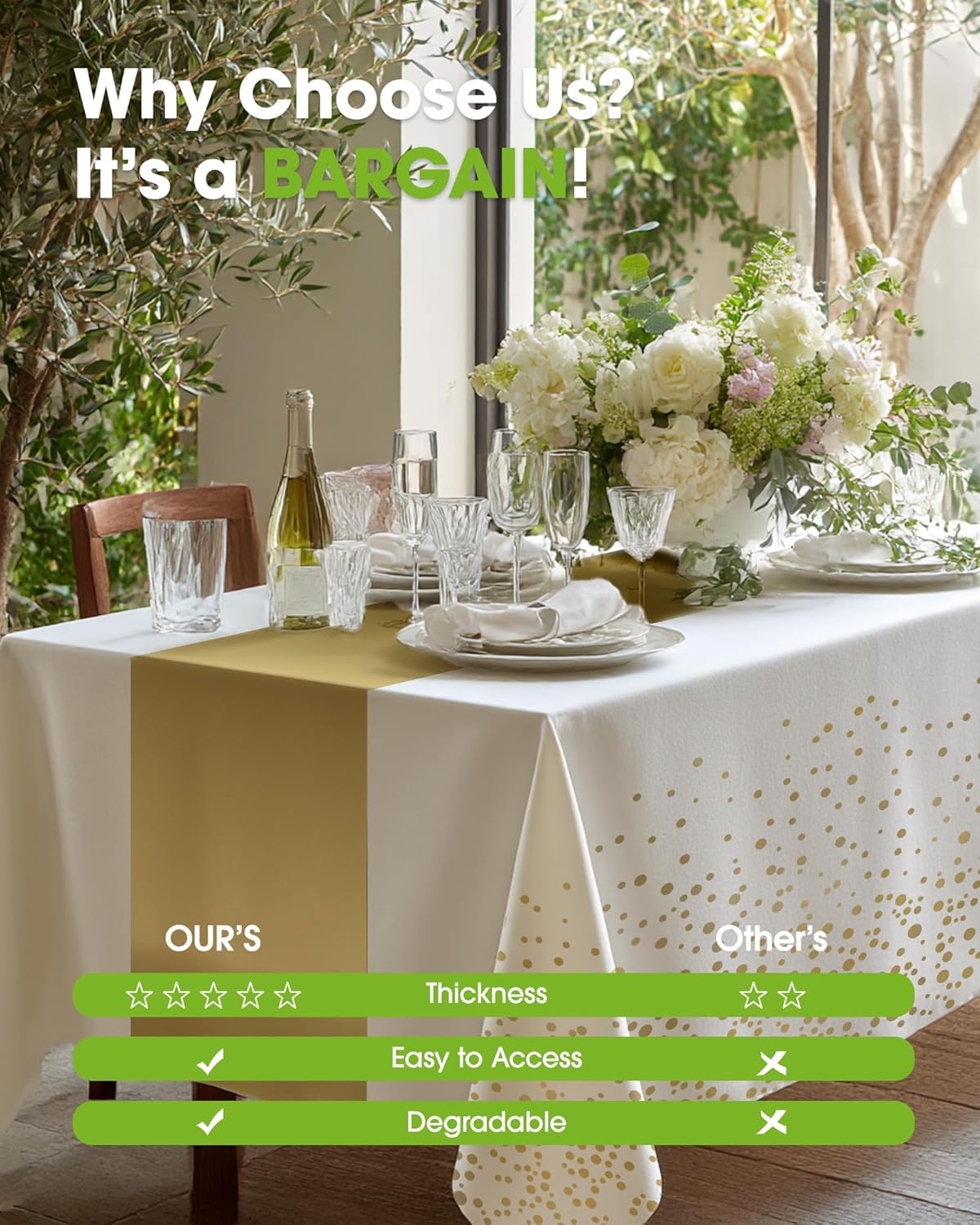 Pureegg Disposable Plastic Tablecloths - 8 Pack, 54 x 108 Inch, Leakproof & Sturdy, White Gold