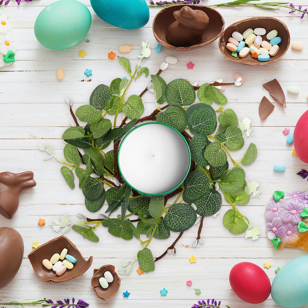 Zerodeko Easter Candle Ring Set - Eucalyptus Leaves Wreath Pillar Holders | Mini Green Decor, 8cm