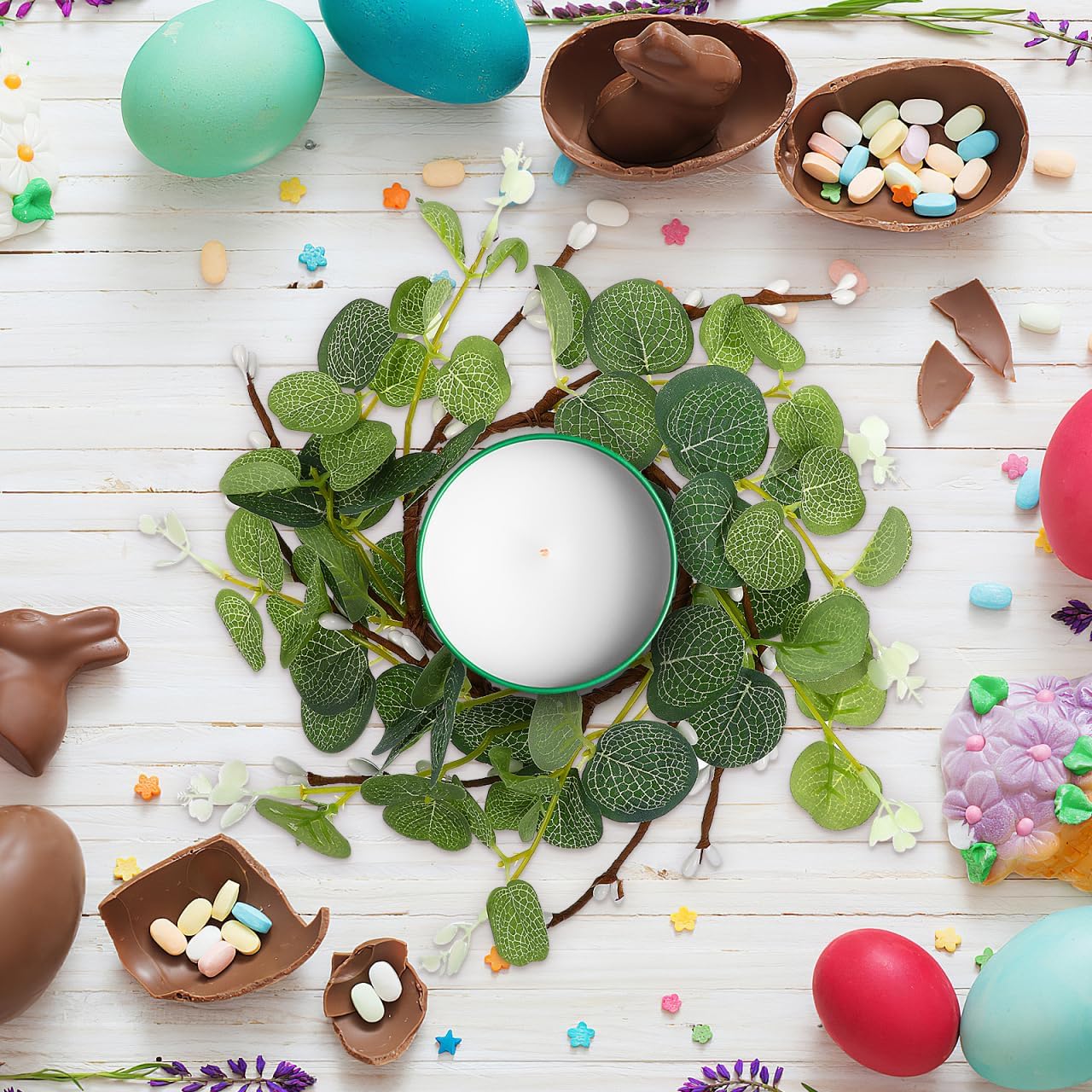 Zerodeko Easter Candle Ring Set - Eucalyptus Leaves Wreath Pillar Holders | Mini Green Decor, 8cm