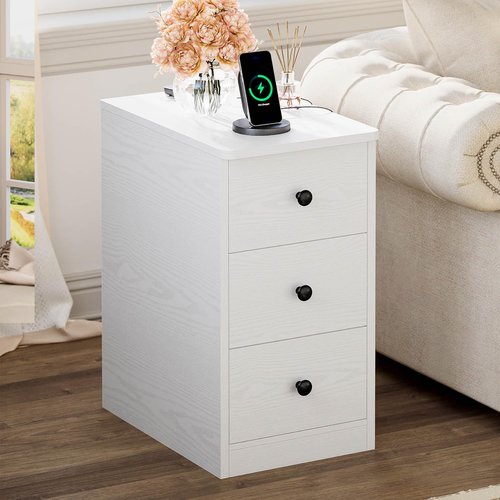LIKIMIO Nightstand with Charging Station, Narrow Bedside Table with 3 Drawers, End Table with USB Ports and Outlets, Side Table for Living Room/Bedroom Modern