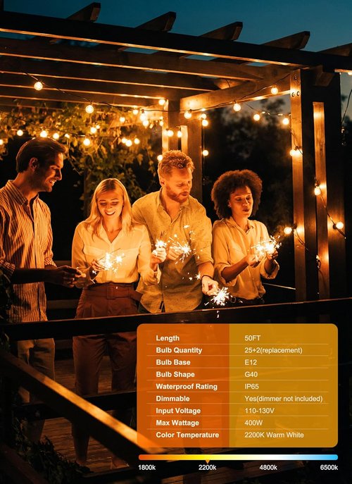 Brightown Outdoor String Lights - 50FT Shatterproof Globe LED Lights | IP65 Waterproof & Dimmable for Patio, Backyard, Bistro, Deck, Balcony