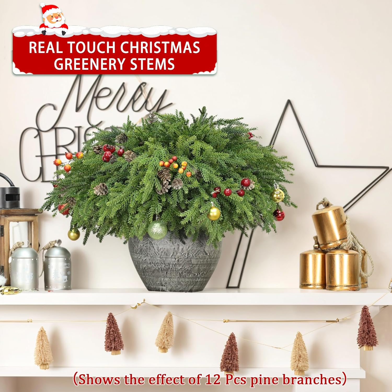 Skiennix Christmas Pine Stems - Realistic Artificial Greenery with Pinecones | 6 Pcs for Home Decor