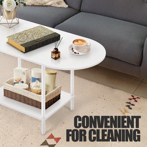 White Coffee Tables for Living Room,Mid Century Oval Center Table with Storage Shelf and Wood Tabletop,2-Tier Modern Narrow Cocktail Tea Table for Small Space,Small Apartment