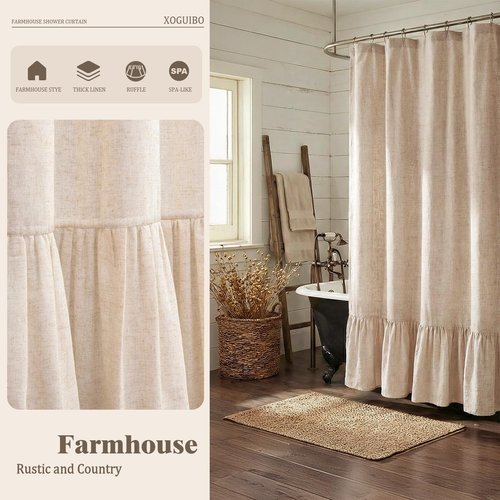 XOGUIBO Farmhouse Shower Curtain with Ruffle Hem Linen Beige Shower Curtains for Bathroom Boho Country Rustic Natural Fabric, 72" W x 72" L