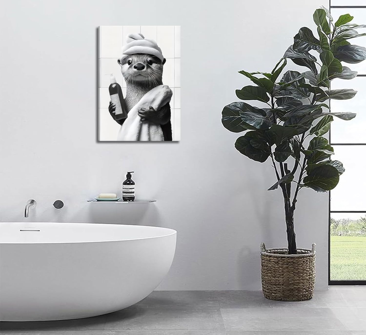 Otter Canvas Wall Art by Funny Bathroom - Cute Black and White Painting for Home Decor | 12x16in