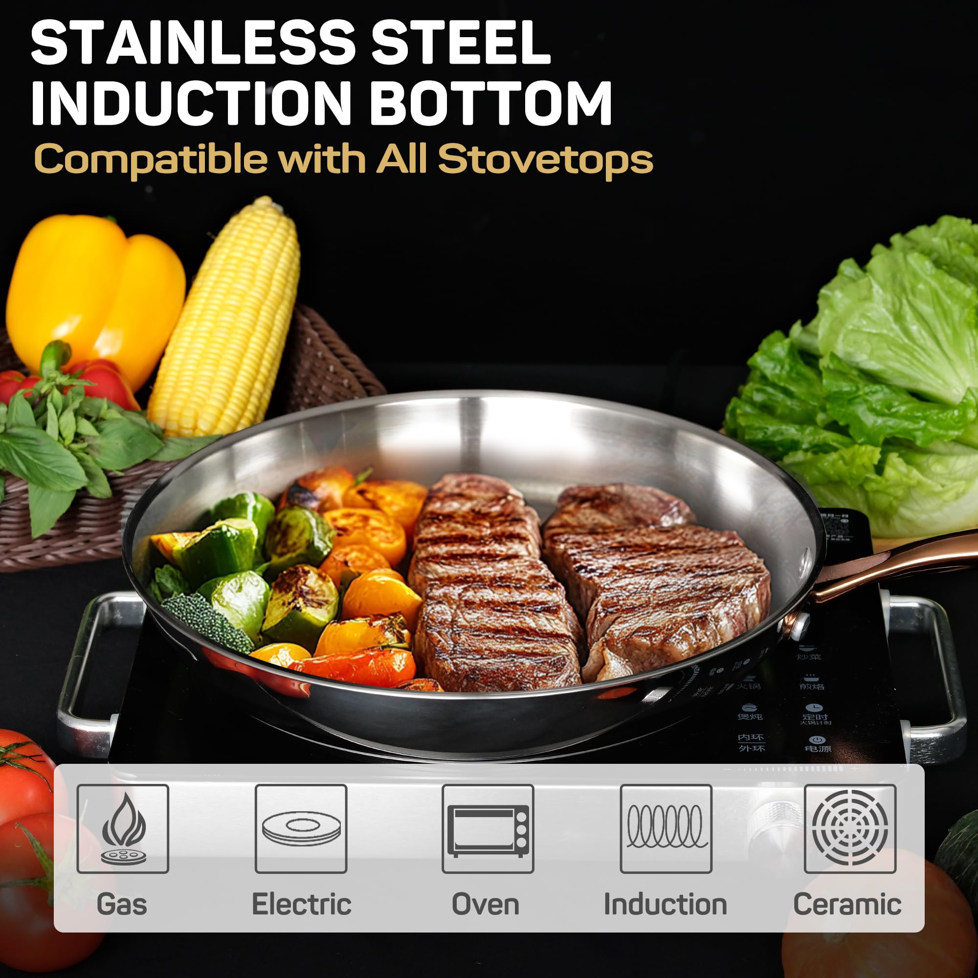 ciwete 12 Inch Tri-Ply Stainless Steel Frying Pan with Brass Cool Handle, Professional Quality Skillet Suitable for All Stove, Oven and Dishwasher Safe, PFOA PTFE PFOS Free, Fast and Even Heating