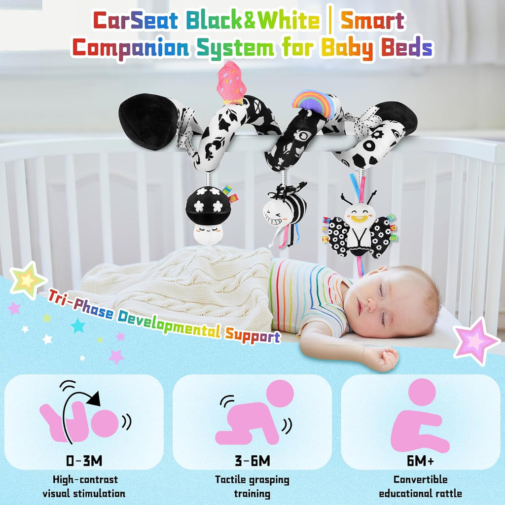 Skiennix Spiral Car Seat Toys - High Contrast Black & White Sensory Plush Toy for Babies 0-6 Months