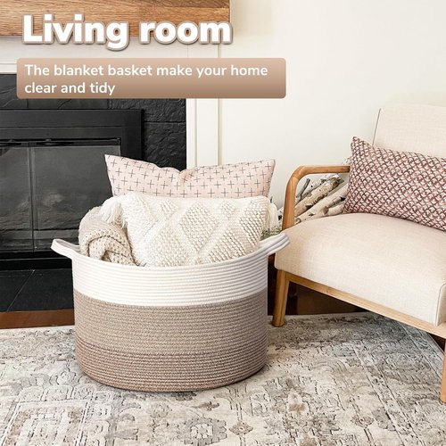 Goodpick Large Laundry Basket - Woven Rope Storage Bin for Toys & Blankets | 21.7'' x 13.8'', Light Brown