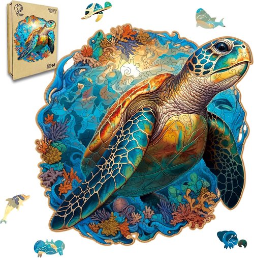 Coral Sea Turtle Jigsaw Puzzle by Wooden Puzzle - 200 Pieces | Fun Family Game Gift, Unique Shape, 11 x 11 Inch