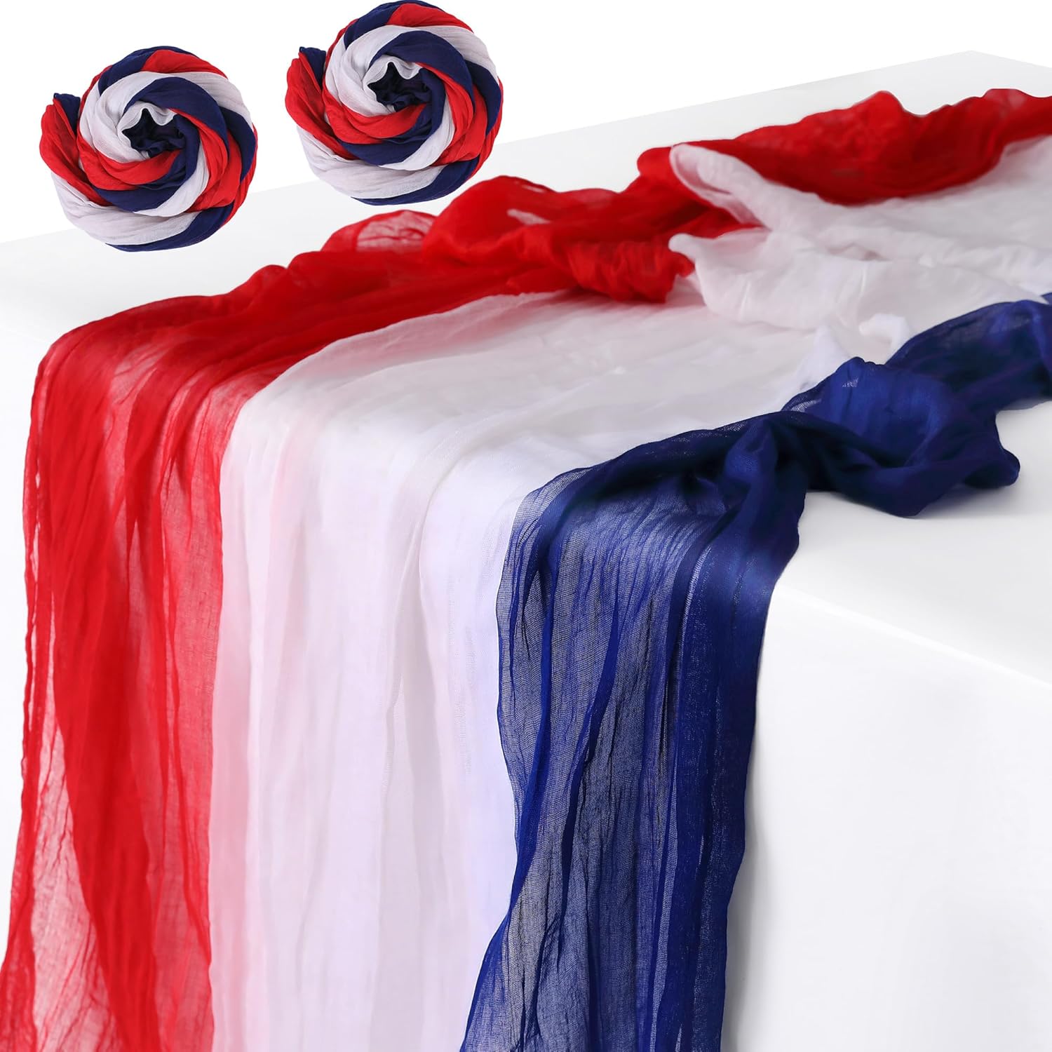 RunNico Cheese Cloth Table Runner Set - 2 PCS Rustic Red, White & Blue | 120 x 38 Inch Patriotic Decor
