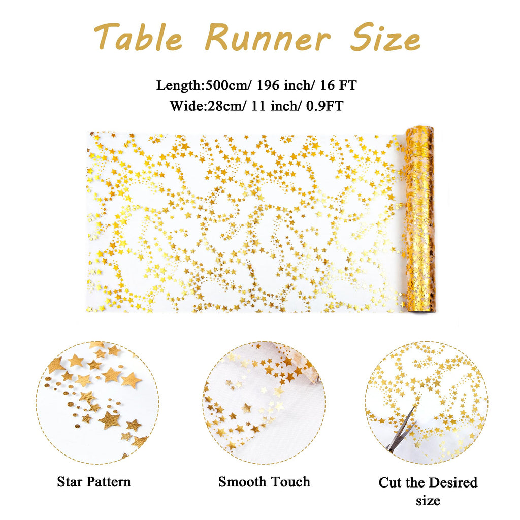 YATOJUZI Gold Table Runner Easter Table Decorations, 16 Ft Golden Star Sheer Chiffon Tulle Table Runners, Sequin Glitter Metallic Gold Foil Centerpiece for Wedding Anniversary Birthday Party