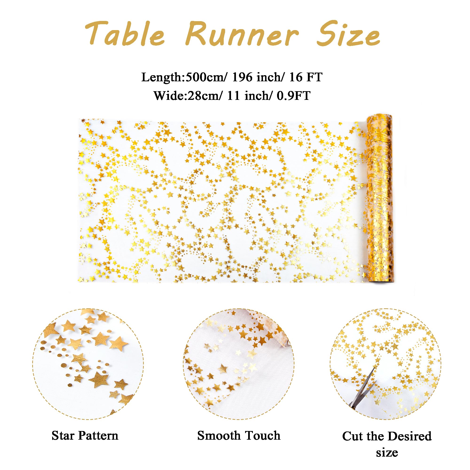 YATOJUZI Gold Table Runner Easter Table Decorations, 16 Ft Golden Star Sheer Chiffon Tulle Table Runners, Sequin Glitter Metallic Gold Foil Centerpiece for Wedding Anniversary Birthday Party