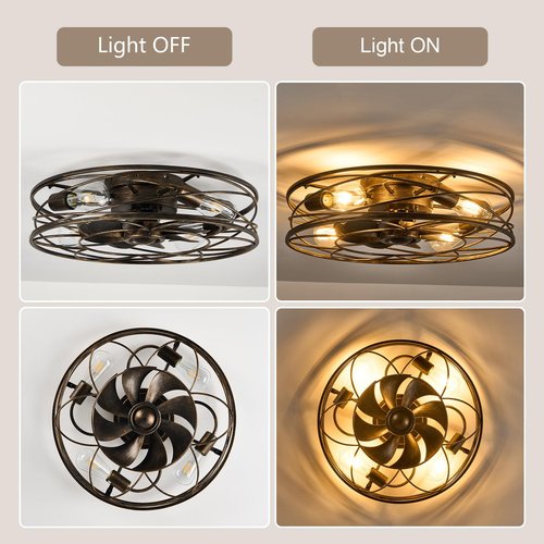 Flush Mount Caged Ceiling Fan: 20" Caged Ceiling Fan with Lights and Remote, Bladeless Low Profile Ceiling Fans 6 Speed Reversible Quiet Industrial Enclosed Ceiling Fan for Bedroom Dining Room Kitchen