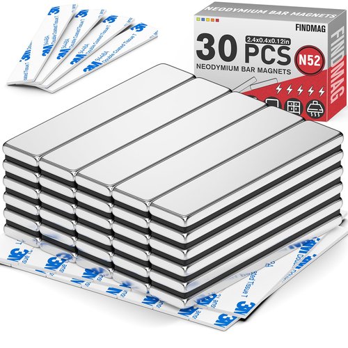 FINDMAG Bar Magnets, 30 Pack Bar Magnets with Double-Sided Adhesive, N52 Magnetic Bar for Fridge, Garage, Kitchen, Silver