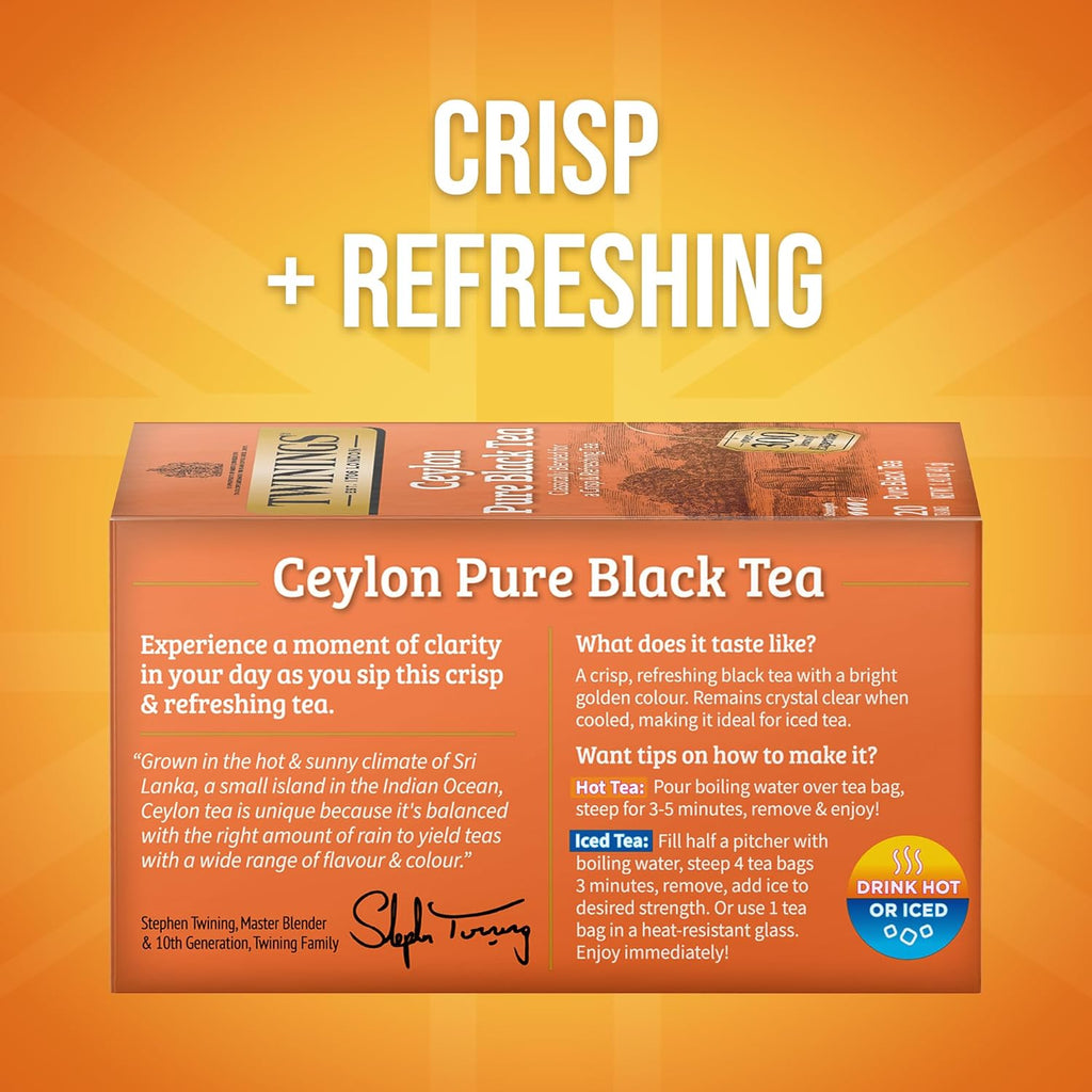 Twinings Ceylon Black Tea - Crisp & Refreshing Individually Wrapped Bags | 20 Count (Pack of 2)