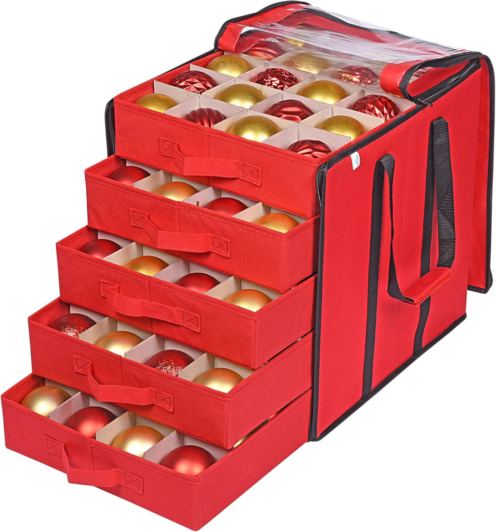 ProPik Christmas Ornament Storage Box - Holds 100 Ornaments with Dividers - Durable Red Organizer