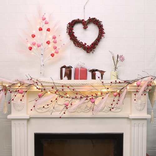DR.DUDU Valentines Garland, 6 FT Lighted Garlands for Mantle with Heart Lights Pink Feather Red Berry, Pre-lit Valentine Decorations for Fireplace Indoor Outdoor Home Table Party Wedding