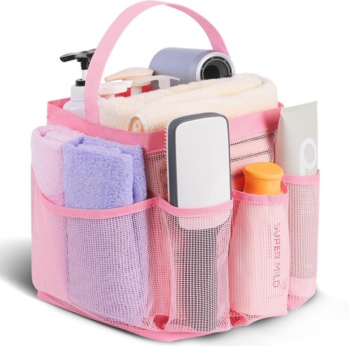 EUDELE Mesh Shower Caddy - Portable 8-Pocket Organizer for College Dorms, Beach & Travel - Pink