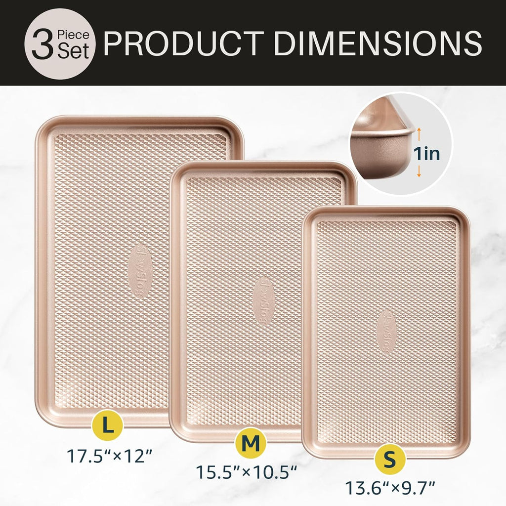 3Pcs Nonstick Baking Sheet Pan Set by [Brand Name] - Heavy Duty Carbon Steel Cookie Sheets | Gold Finish