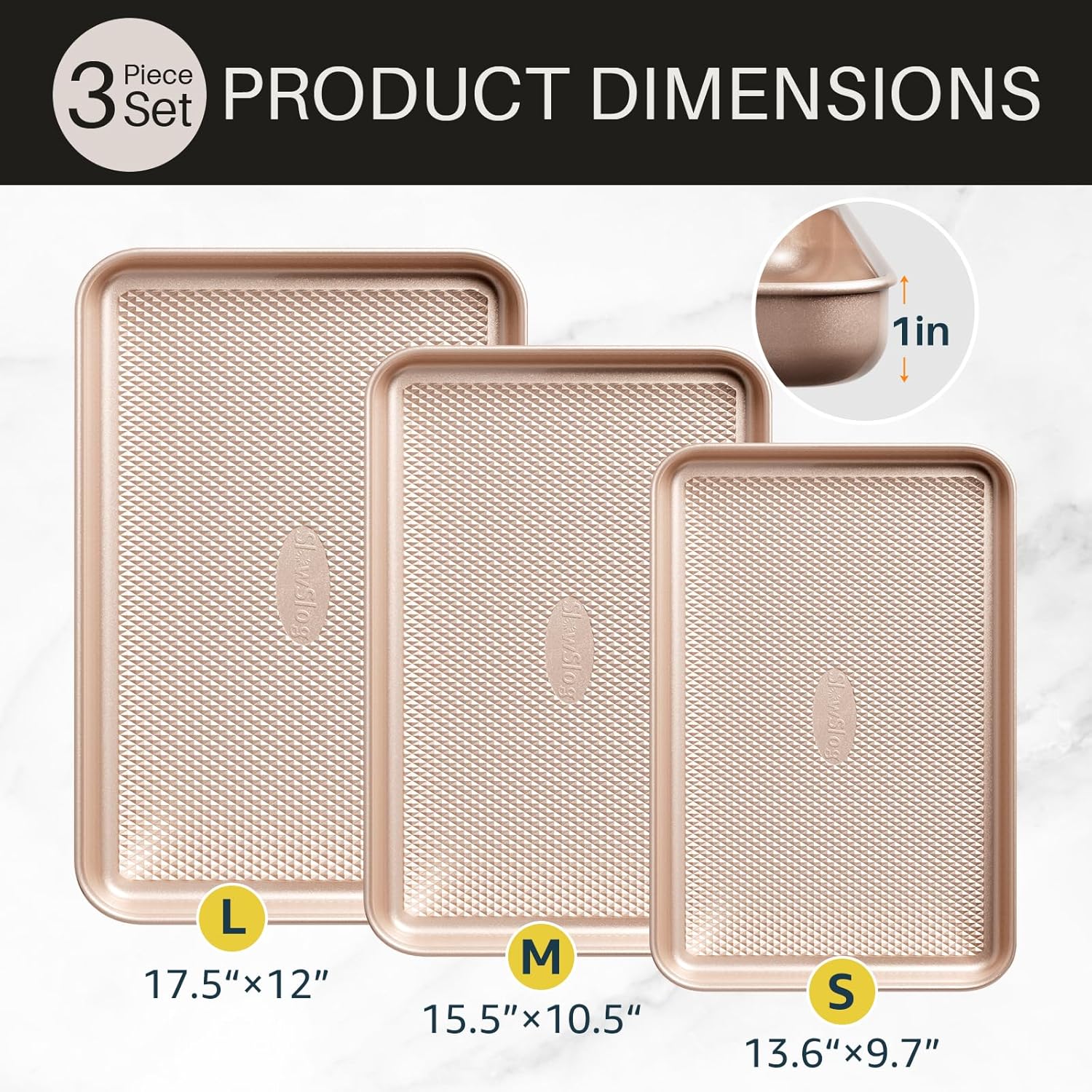 3Pcs Nonstick Baking Sheet Pan Set by [Brand Name] - Heavy Duty Carbon Steel Cookie Sheets | Gold Finish