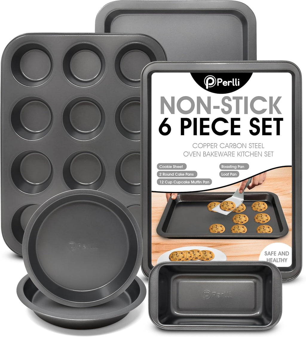 PERLLI Non-Stick Bakeware Set - 6-Piece Carbon Steel for Even Heat Distribution, Oven Safe to 446°F - Gray