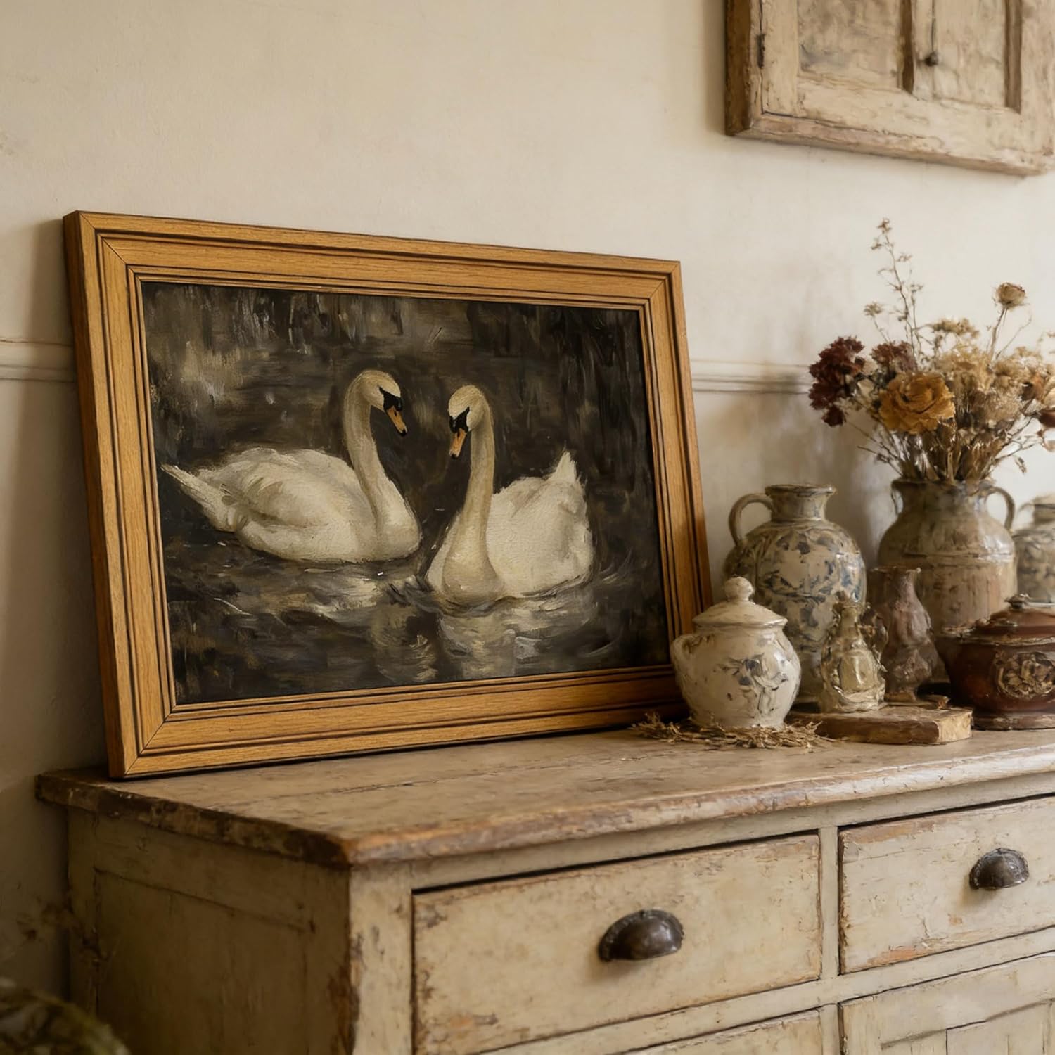 Skiennix Vintage Gold Framed Swan Canvas Wall Art - Moody Couple Painting | 9x11 Inch Decor