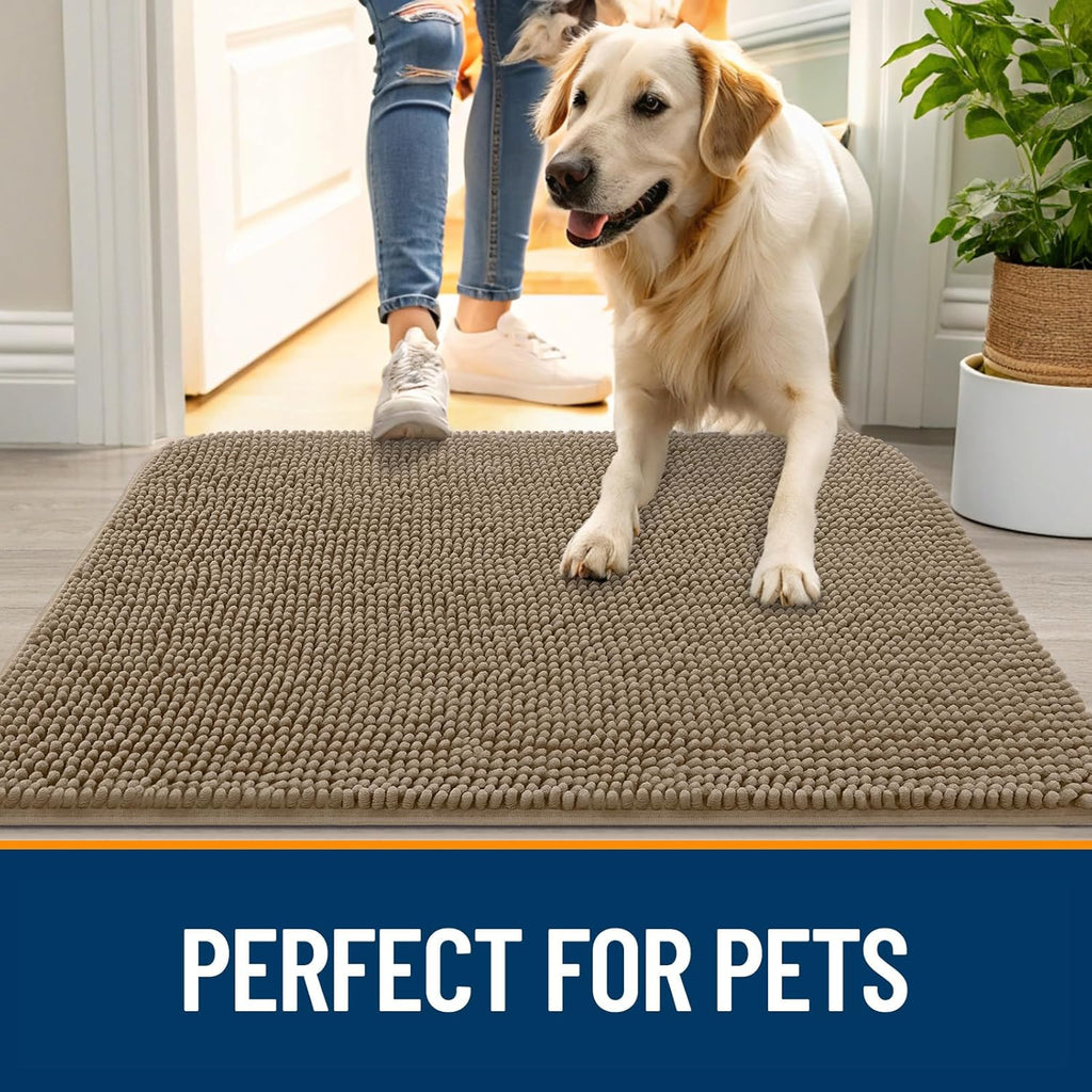 OLANLY Dog Door Mat - Absorbent Non-Slip Chenille Mat for Muddy Paws | 24x16 Tan Indoor Carpet