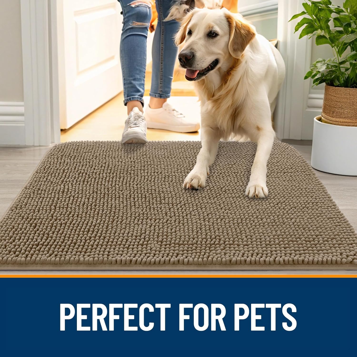 OLANLY Dog Door Mat - Absorbent Non-Slip Washable Chenille Mat for Muddy Paws | 47x20 Tan