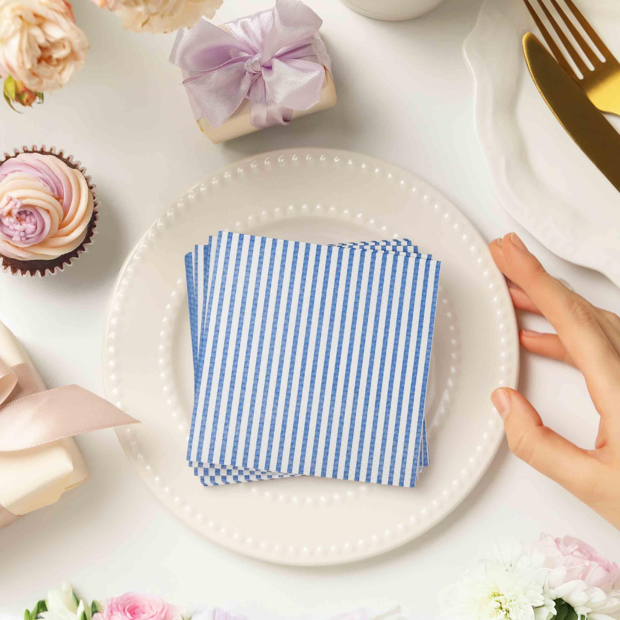100 Pcs Blue & White Stripe Cocktail Beverage Napkins Disposable Paper Thin Striped Dessert Napkin for Birthday Baby Shower Party Supplies Decor