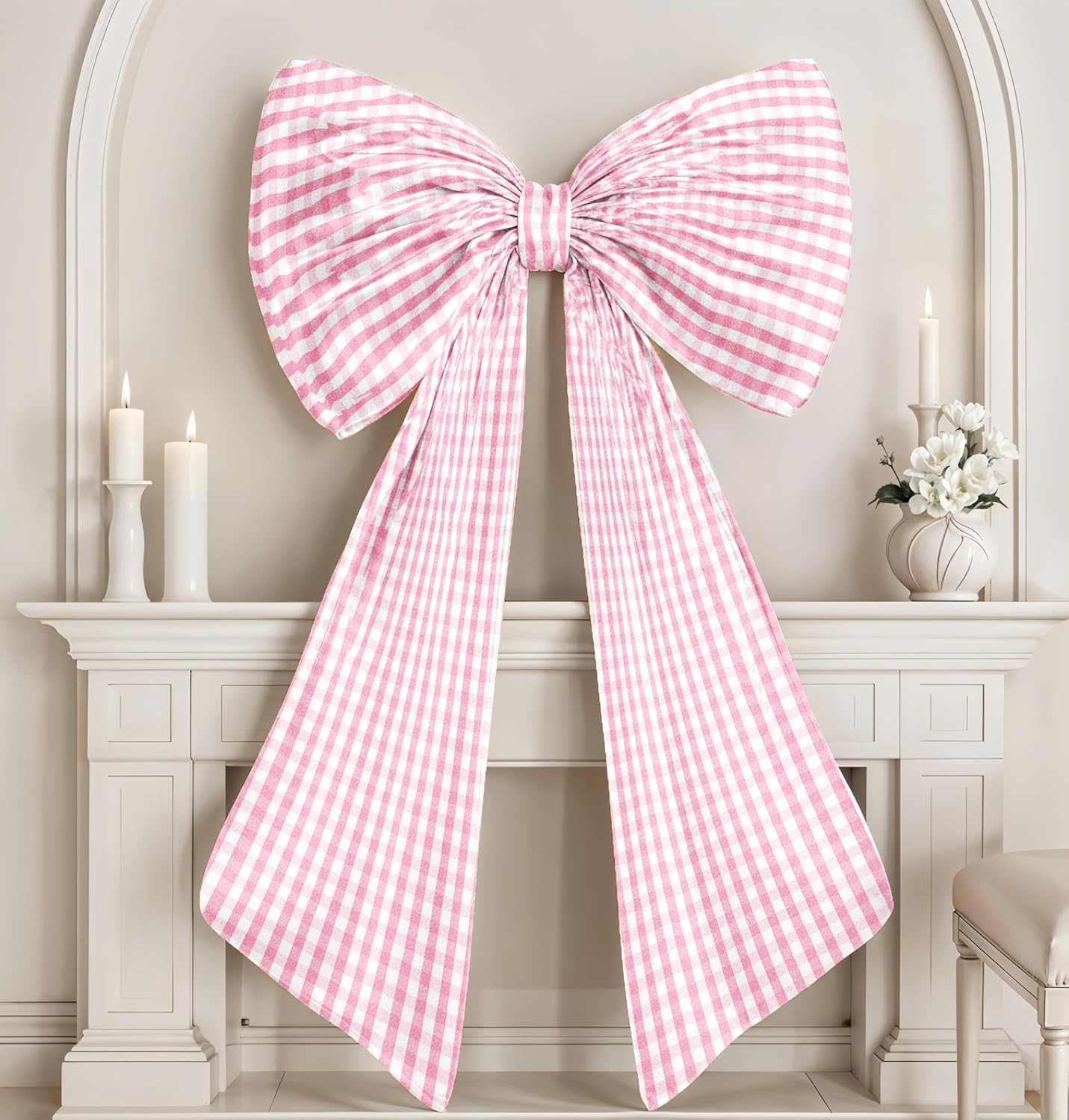 Skiennix Giant Pink Bow Decor - Checkered Coquette Bow for Birthday Parties | Textured Cotton, Large Size