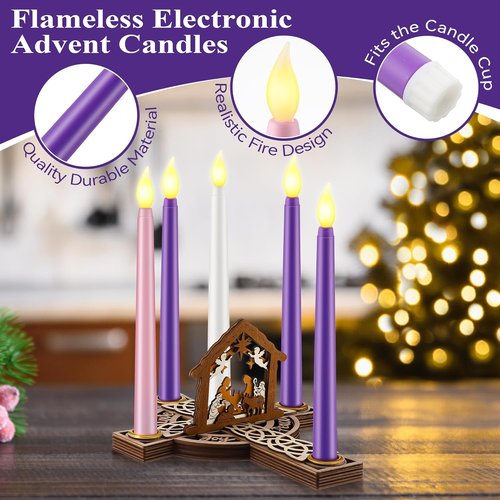 Christmas Advent Wreath Candle Holder - 5 Flameless Candles & Wood Cross Nativity Scene | Festive Table Decor