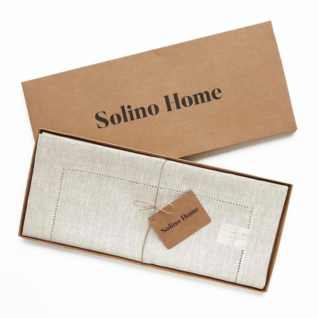 Solino Home Linen Light Natural Table Runner 108 Inches Long - 100% Pure Linen 16 x 108 Inch Table Runner for Spring, Summer, Mothers Day - Classic Hemstitch