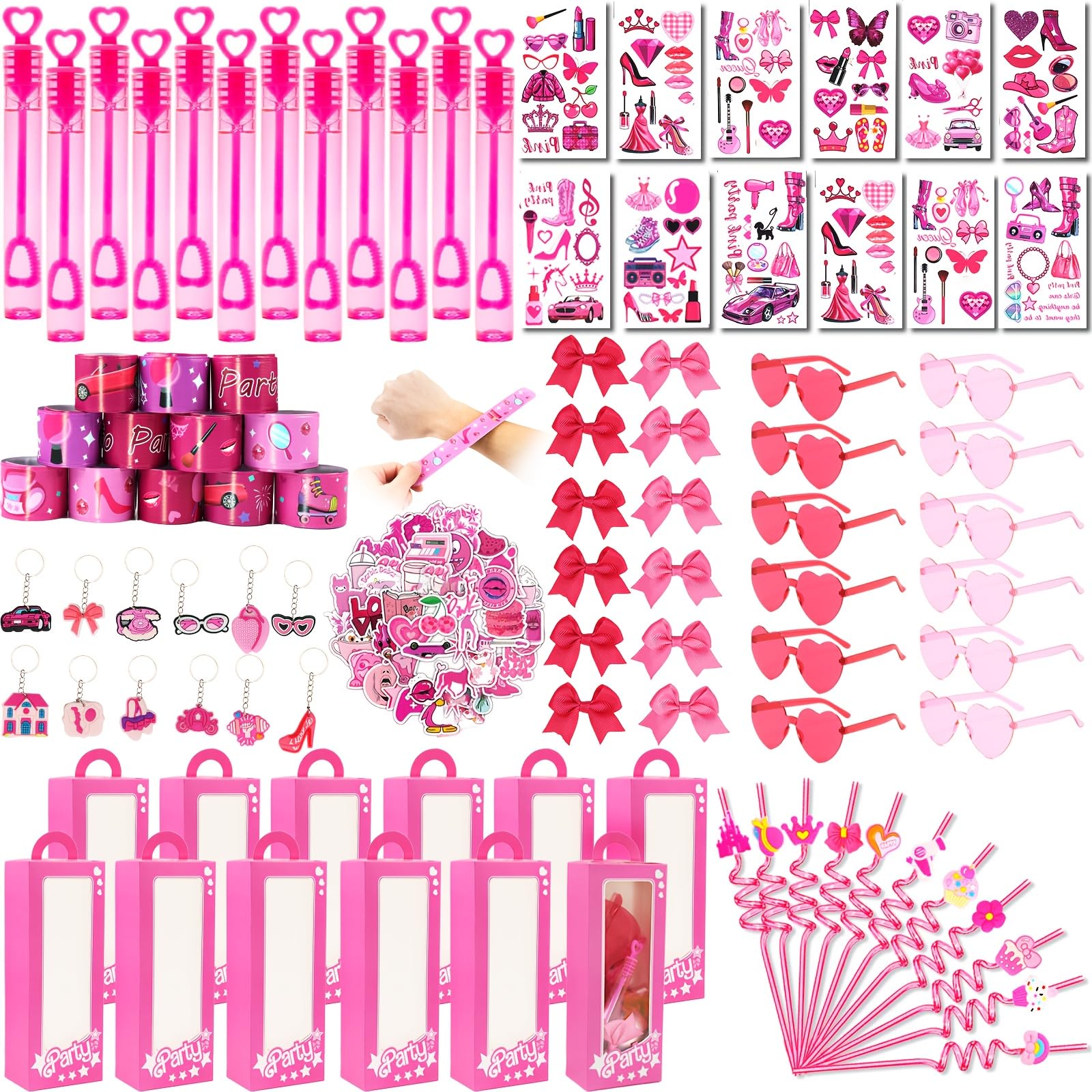 156PCS Pink Girls Party Favors - Little Girl's Birthday Supplies Set with Heart Glasses, Bubble Sticks, Bracelets, Stickers, and More – Ideal Goodie Bag Stuffers for Birthday Party Decorations