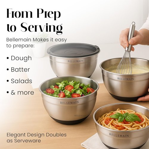 Bellemain Mixing Bowls Set - Stainless Steel Bowls with Airtight Lids | 3-Piece Food Storage Containers